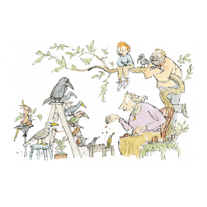 The illustration shows people sitting around with various birds feeding them 