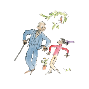 In this illustration 2 people are dancing together under the branch of a tree