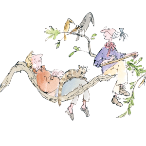 In this illustration two people sit on branches of a tree, surrounded by birds