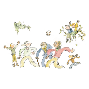 A group of people are playing football in the park in this illustration, while 2 others are watching from a tree