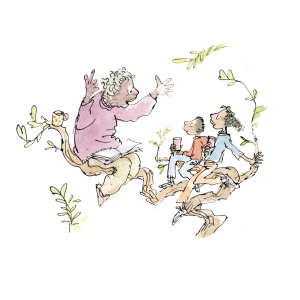 The illustration shows people sitting on branches of a tree. And older person is telling a story to 3 younger people