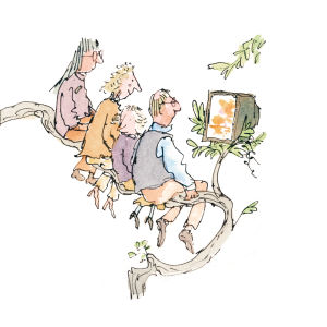 The illustration shows 4 people sitting on the branch of a tree watching tv